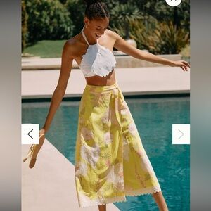 Farm Rio Garden Linen Wrap Cover Up Skirt Midi Length Floral Yellow White Size M